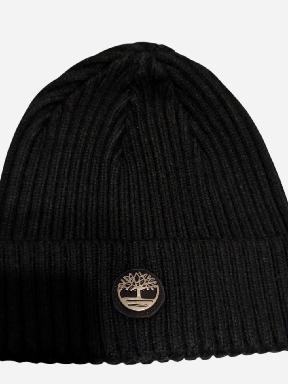 Timberland Black Ribbed Knit Cuffed Beanie Hat Metal Tree Logo OS